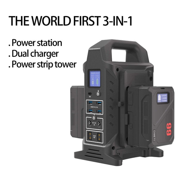 portable power station charger CAME-TV Power Station 3-in-1 with Two Mini-99C V-mount Batteries