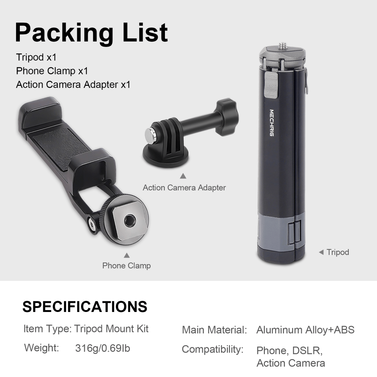 Mechrig 2 - Section Telescopic Tripod with Cold Shoe Adapter and Phone Clamp - CAME - TV