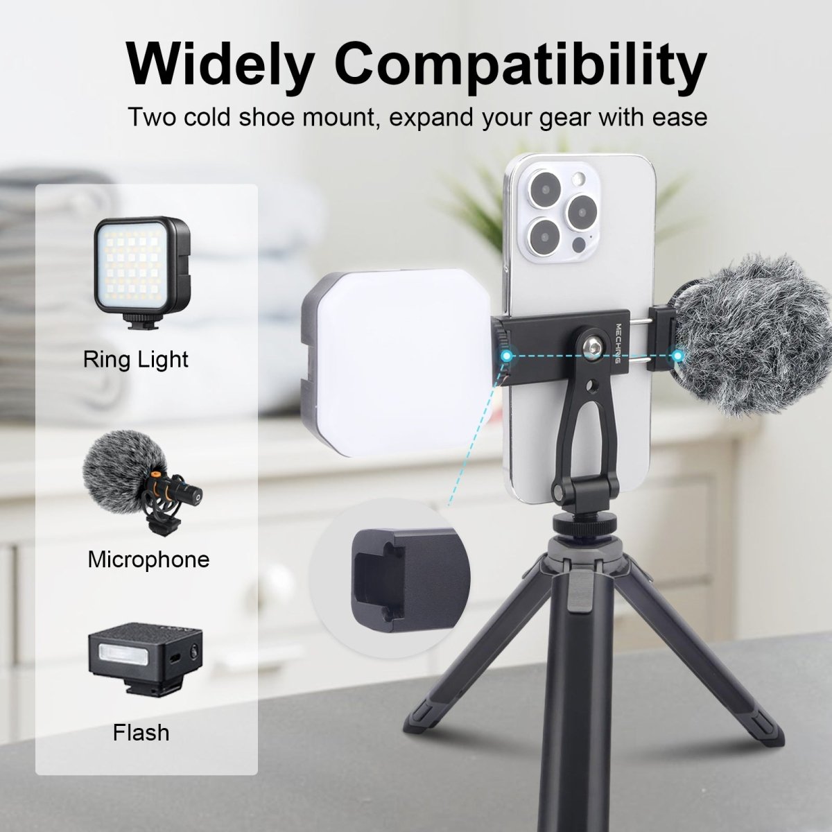 Mechrig 2 - Section Telescopic Tripod with Cold Shoe Adapter and Phone Clamp - CAME - TV