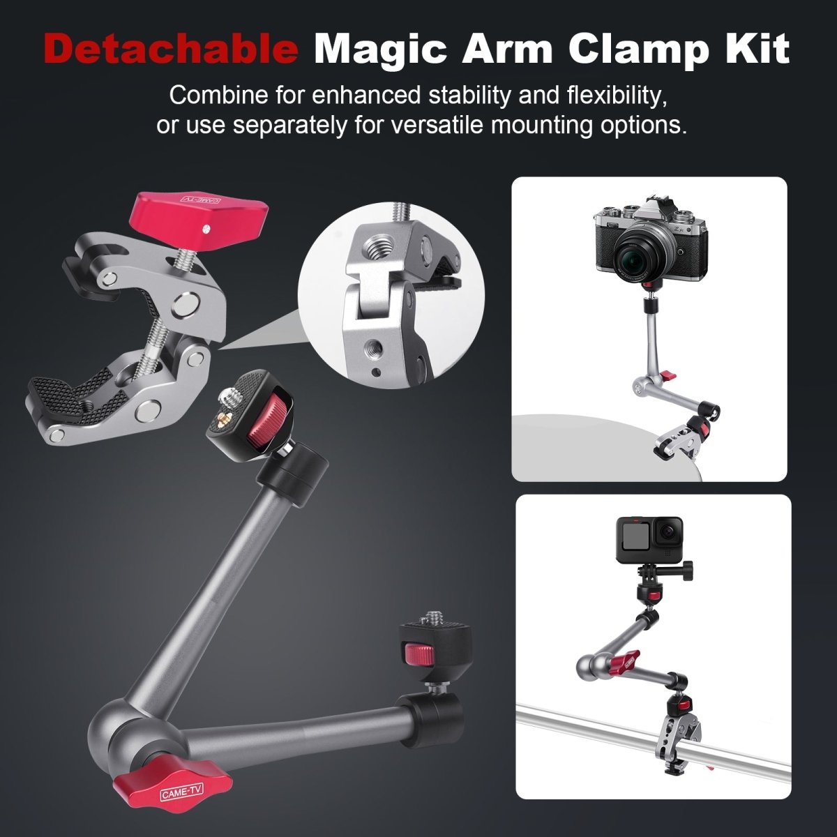 Mechrig 360° Rotating 52mm Clamp Magic Arm with 1/4" Screw and GoPro Mount - CAME - TV