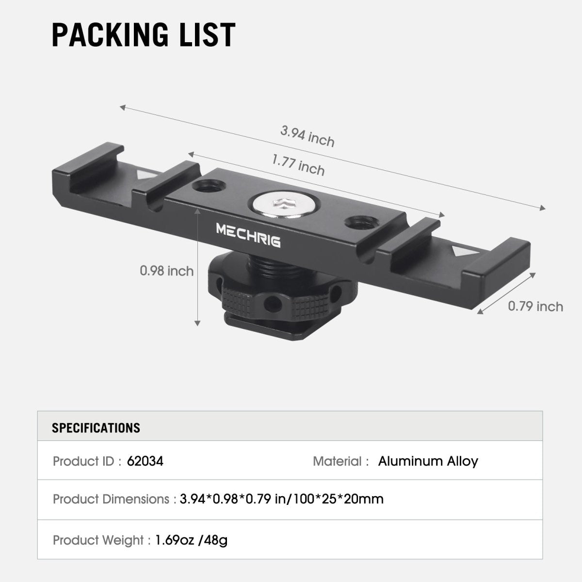 Mechrig 10cm Extention Bracket with 2×Cold Shoes and 1/4" Threaded Hole+Cable Clamp - CAME - TV