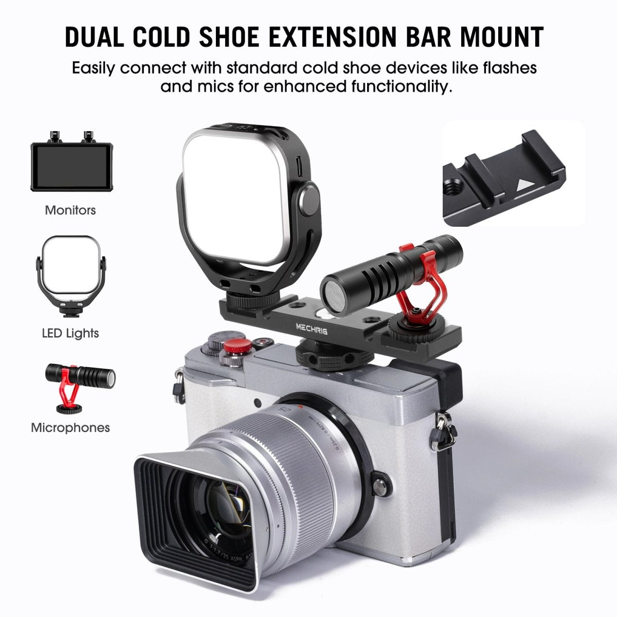 Mechrig 10cm Extention Bracket with 2×Cold Shoes and 1/4" Threaded Hole+Cable Clamp - CAME - TV