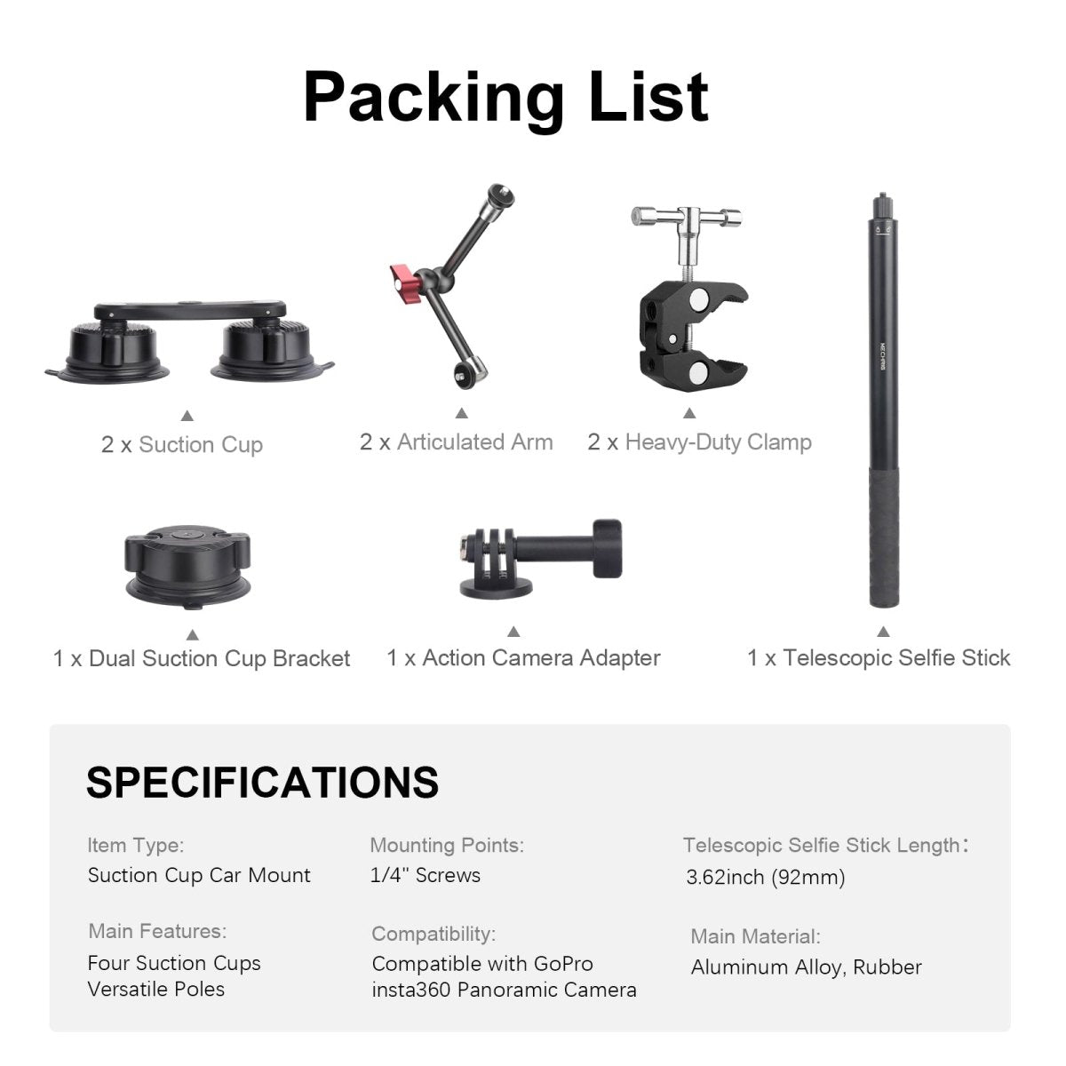Mechrig 4 in 1 Car Suction Cup Mount Kit with Invisible Selfie Stick for Gopro Insta360 DJI Action Cameras - CAME - TV