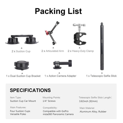 Mechrig 4 in 1 Car Suction Cup Mount Kit with Invisible Selfie Stick for Gopro Insta360 DJI Action Cameras - CAME - TV
