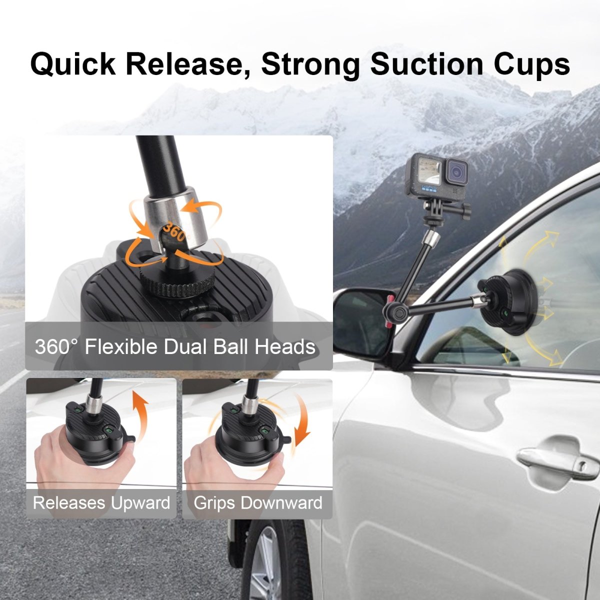 Mechrig 4 in 1 Car Suction Cup Mount Kit with Invisible Selfie Stick for Gopro Insta360 DJI Action Cameras - CAME - TV