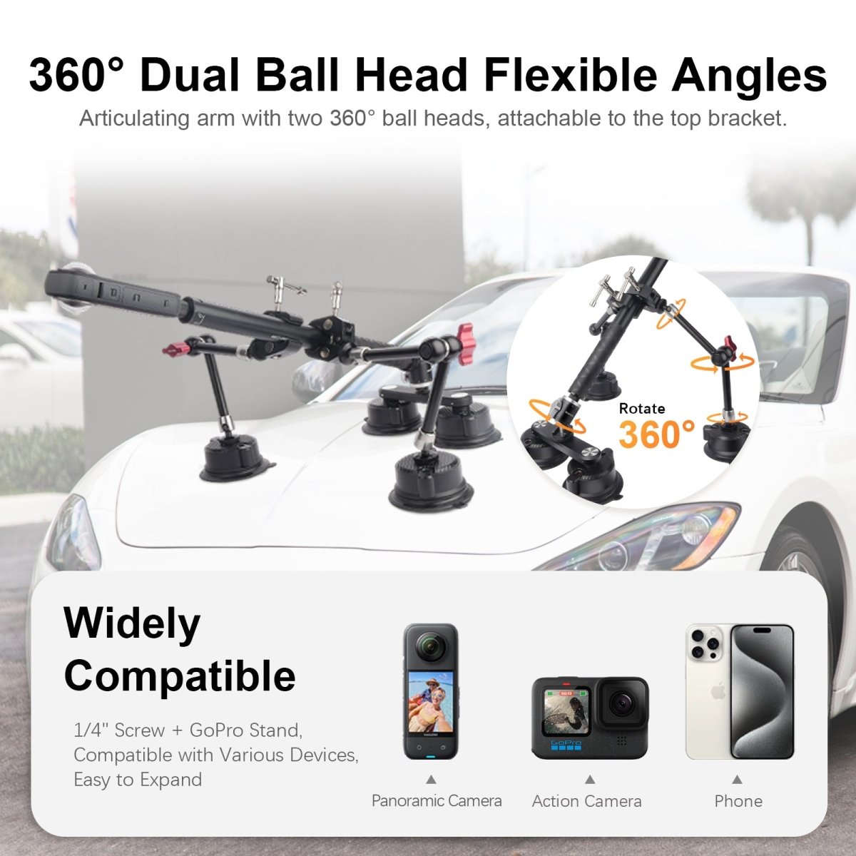 Mechrig 4 in 1 Car Suction Cup Mount Kit with Invisible Selfie Stick for Gopro Insta360 DJI Action Cameras - CAME - TV