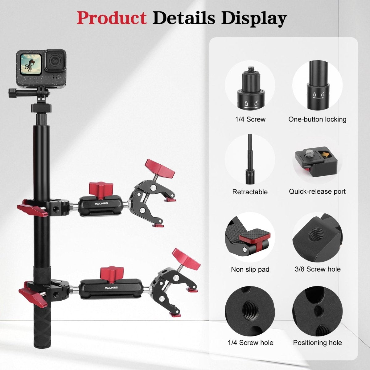 Mechrig Adjustable Camera Mount with 5 - Section Pole and Four Super Clamps - CAME - TV