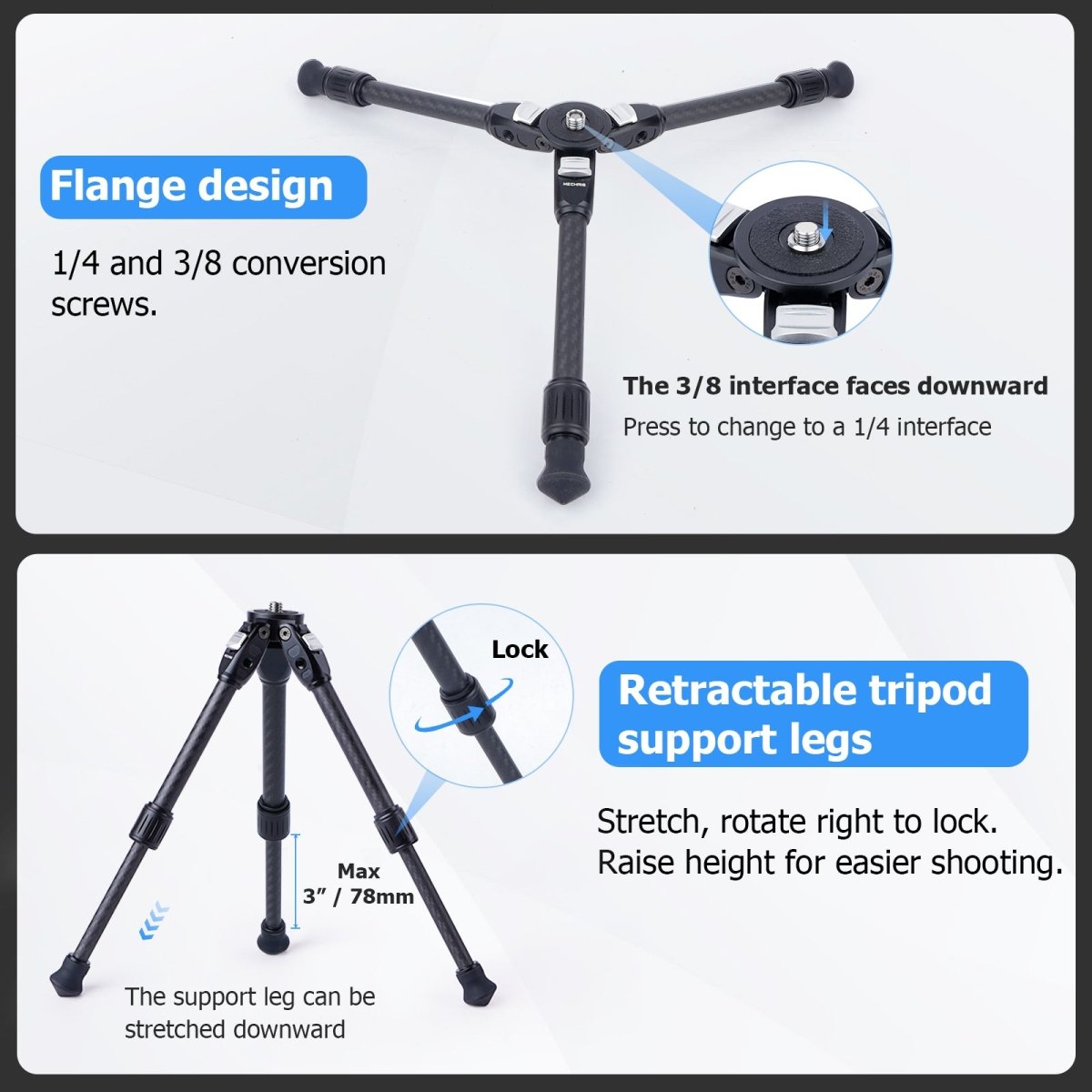 Mechrig Carbon Fiber Dual Spikes 1/4 3/8 Flange Anti - Slip Sliding Block Tripod - CAME - TV