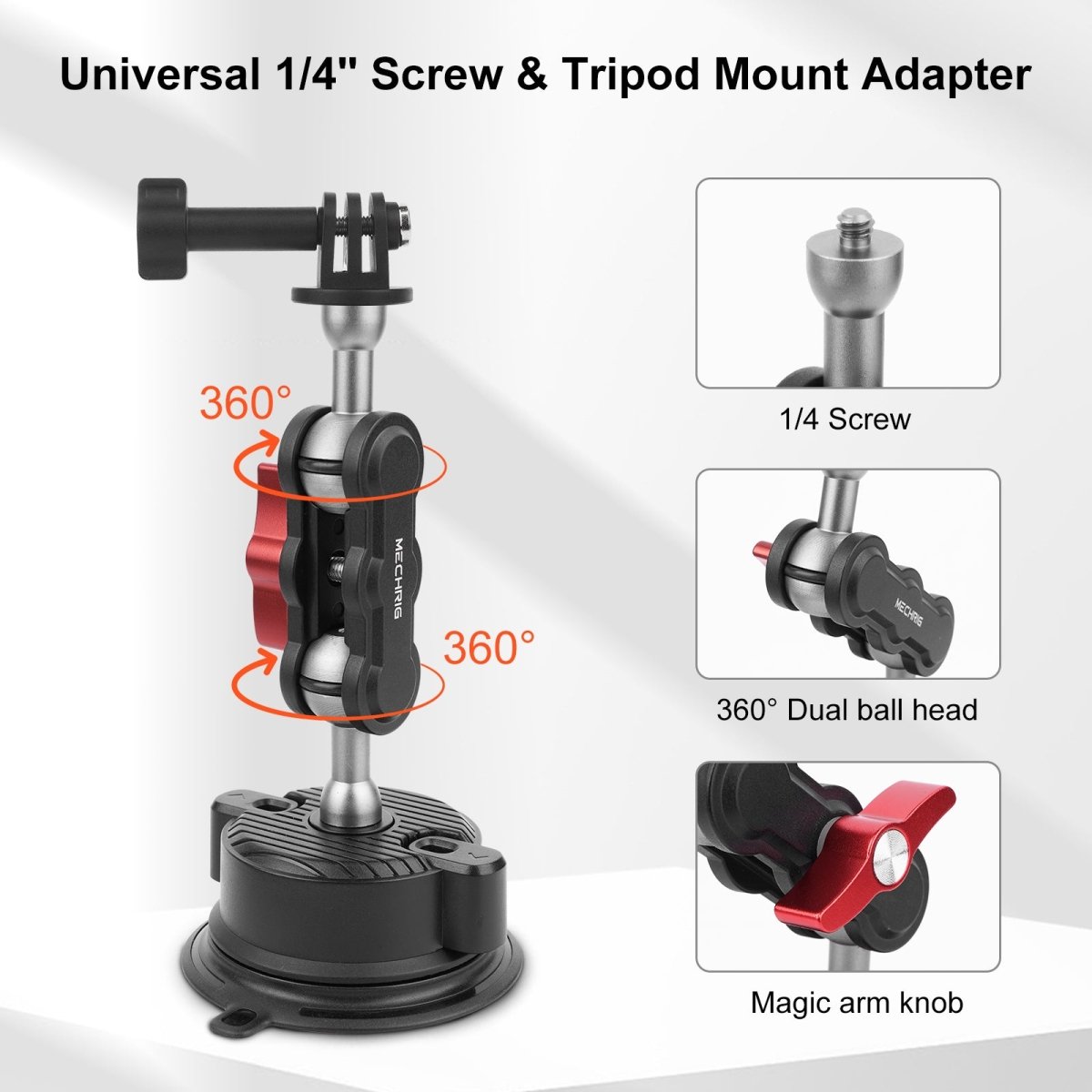 Mechrig Multi - Use Suction Cup Mount with Dual Ball Arm, GoPro Adapter, 360° Rotation Phone Holder and Mini Tripod - CAME - TV