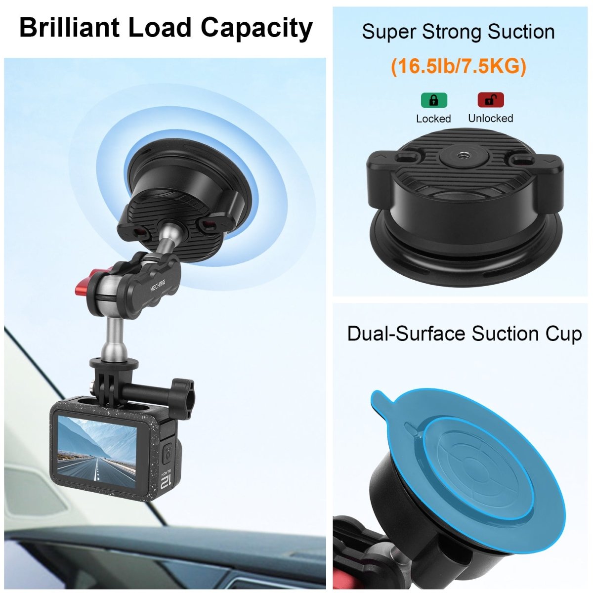 Mechrig Multi - Use Suction Cup Mount with Dual Ball Arm, GoPro Adapter, 360° Rotation Phone Holder and Mini Tripod - CAME - TV