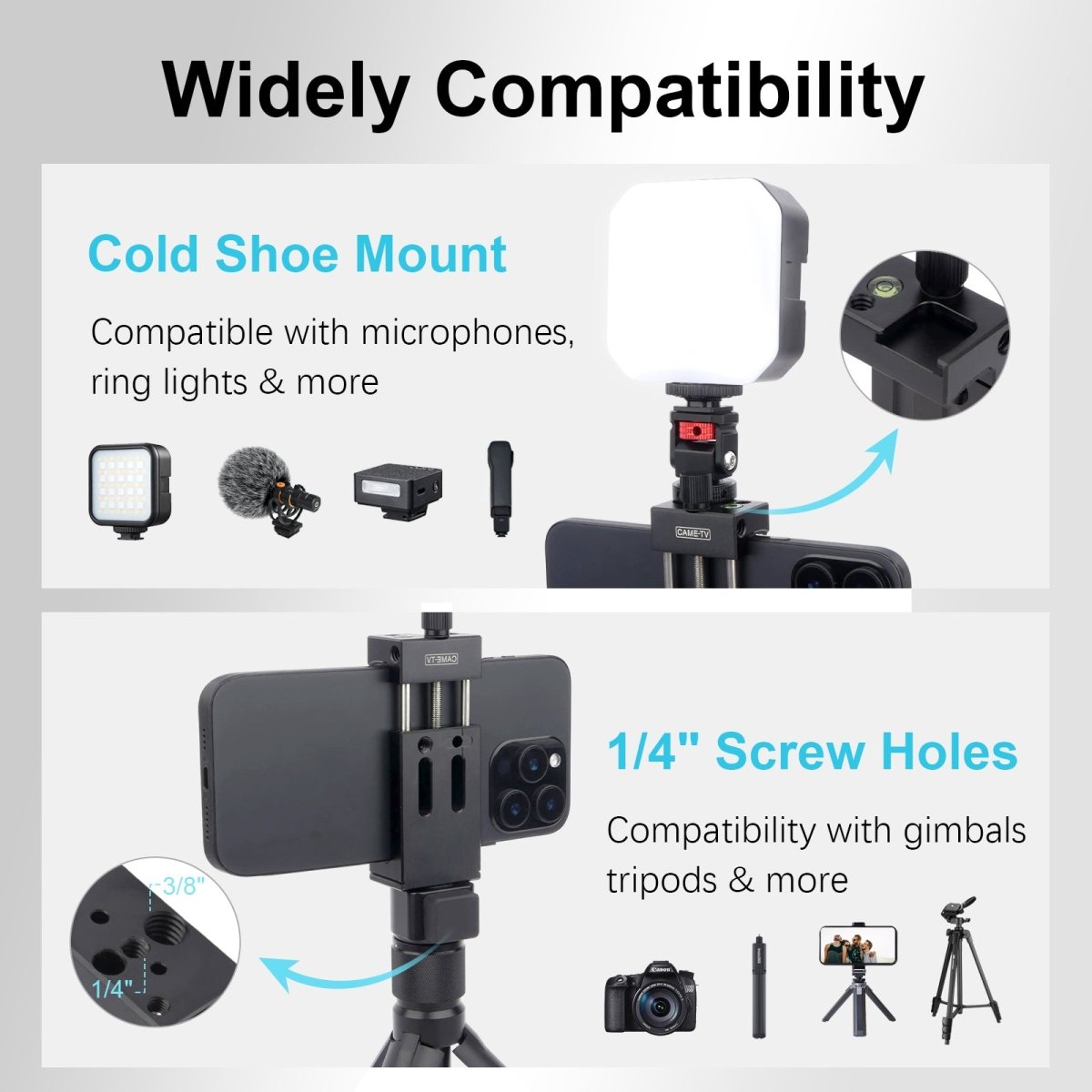 Mechrig Versatile Aluminum Alloy Phone Clip for 5 - 8 inch Phones with Multiple Mounts - CAME - TV