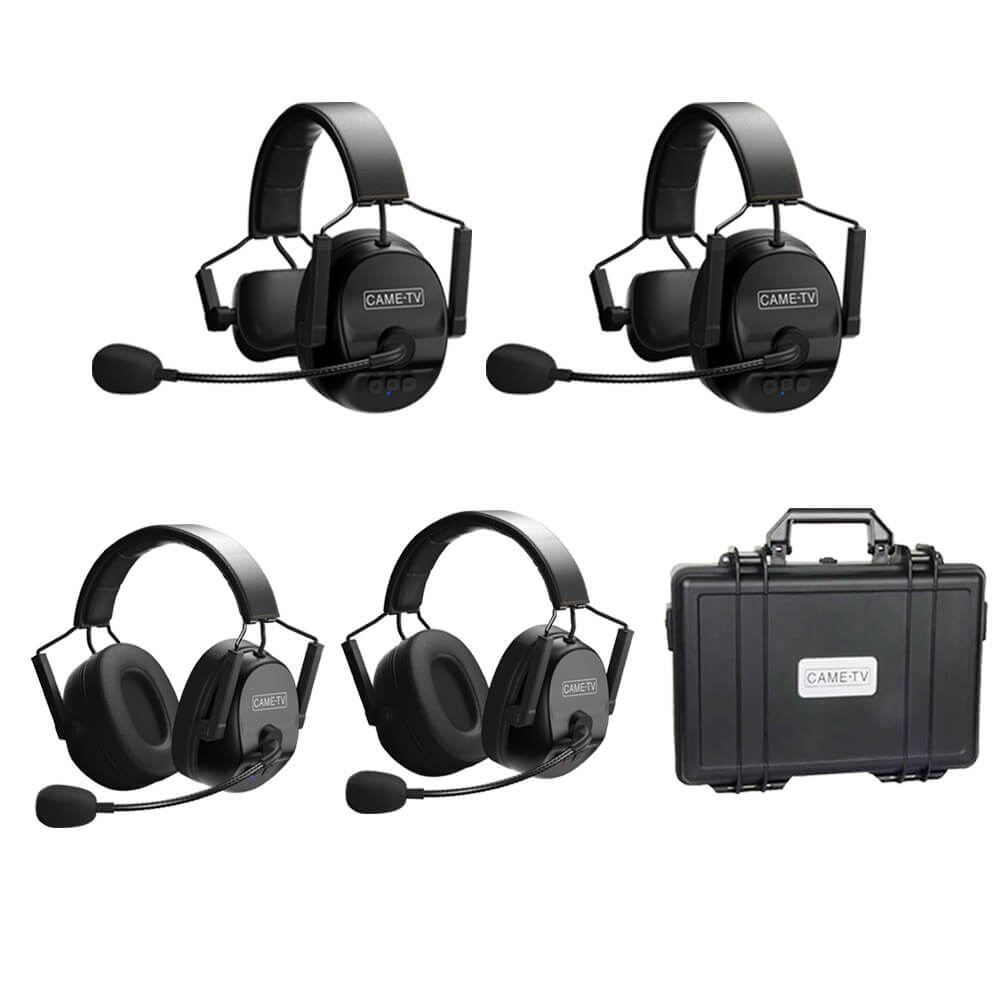 CAME-TV KUMINIK8 Duplex Digital Wireless Intercom Headset Distance up to 1500ft (450 Meters) with Hardcase - Mixed 4 Pack 2 Single Ear & 2 Dual Ear - CAME-TV