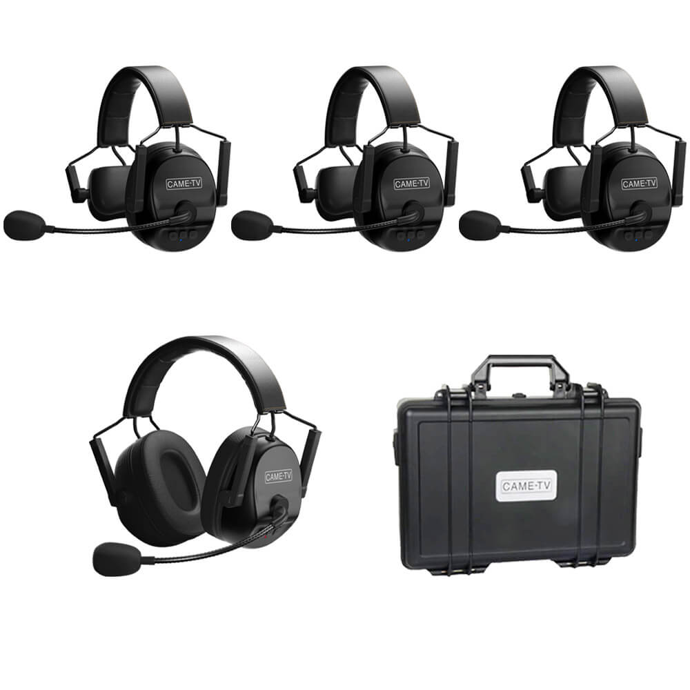 CAME-TV KUMINIK8 Duplex Digital Wireless Intercom Headset Distance up to 1500ft (450 Meters) with Hardcase - Mixed 4 Pack 3 Single Ear & 1 Dual Ear - CAME-TV