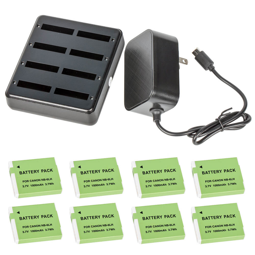 CAME-TV Octo USB Charger with AC Power Supply includes 8 NB-6L Style Batteries - CAME-TV